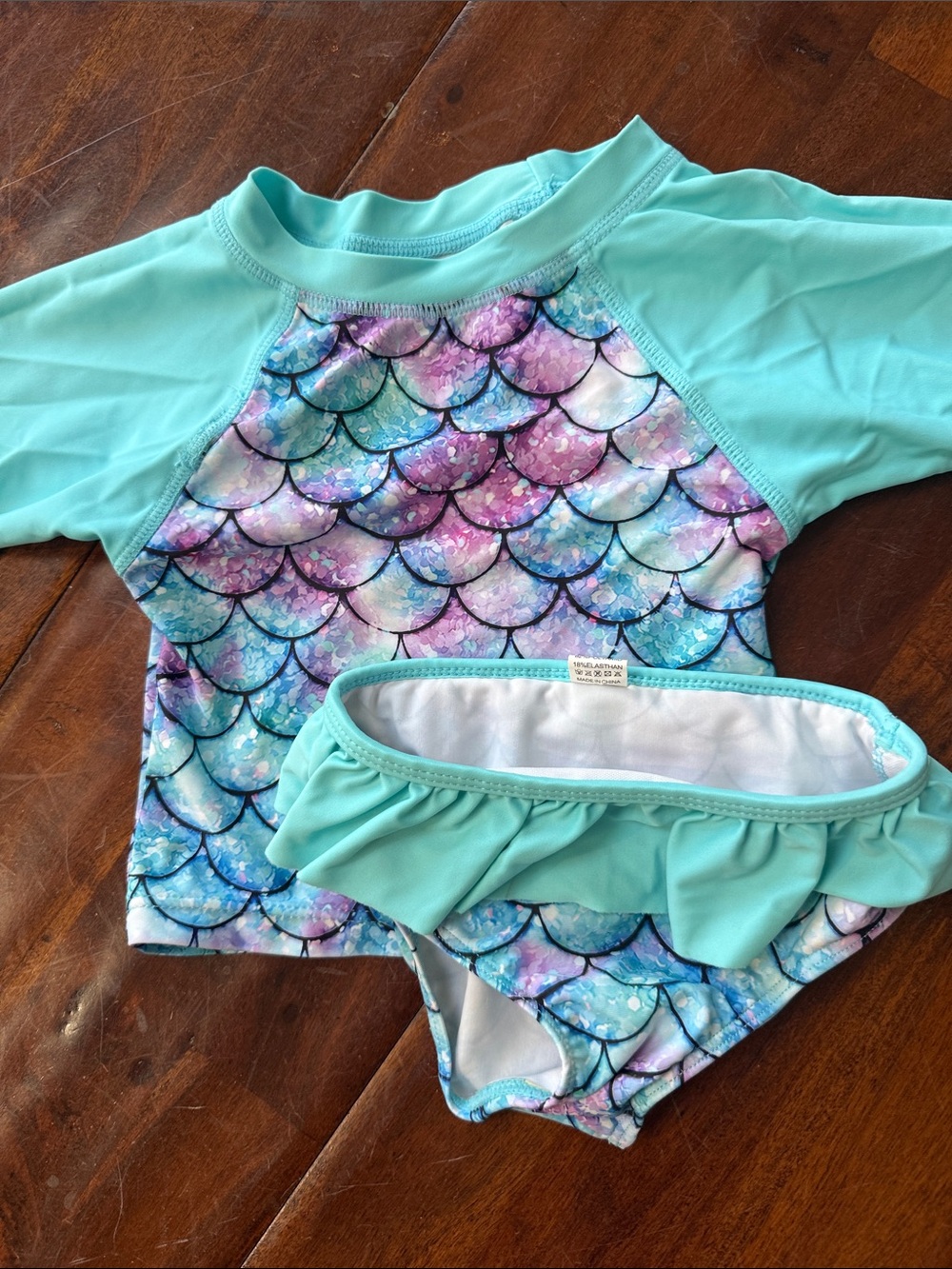 Amazon Girls' Aqua & Purple Mermaid Scale Rash Guard Bikini Set